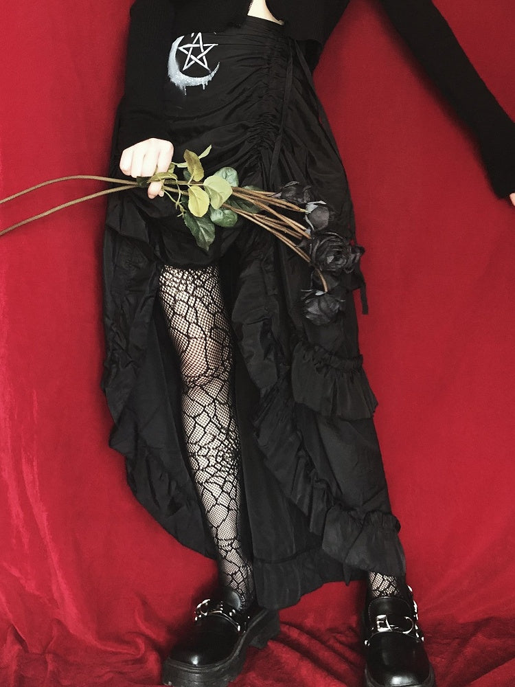 Drawstring Hem Punk Black Ruffles High-low Skirt