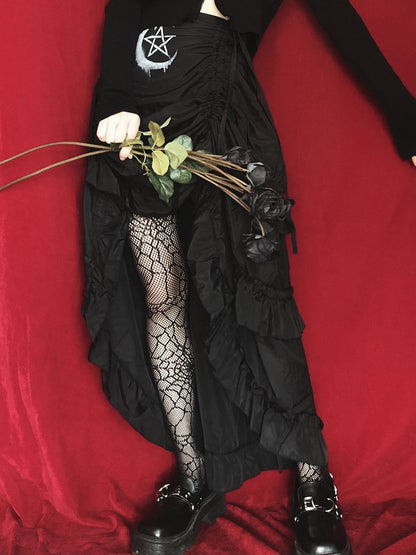 Drawstring Hem Punk Black Ruffles High-low Skirt