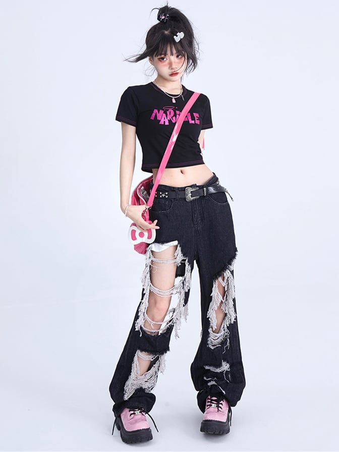 Distressed Holes Design Raw Fringes Black Jeans