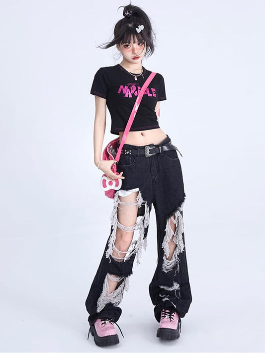 Distressed Holes Design Raw Fringes Black Jeans