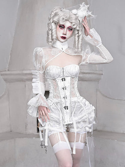 Birdcage Skirt and Bustier Corset Set White Goth Style