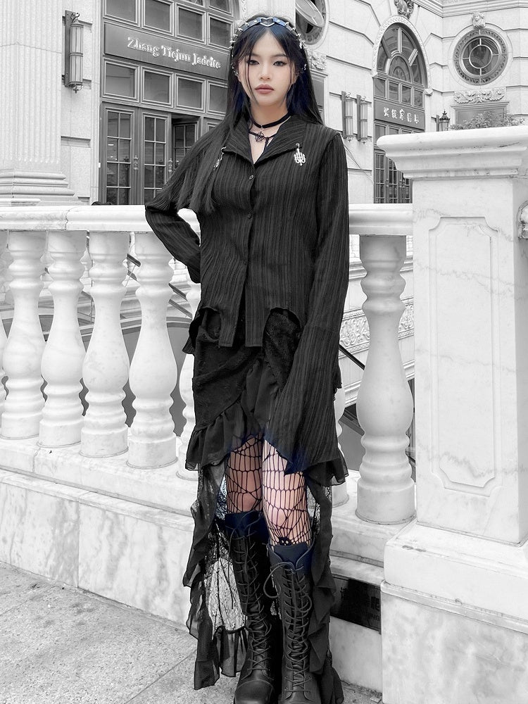 Punk Irregular Hem Black Shirt