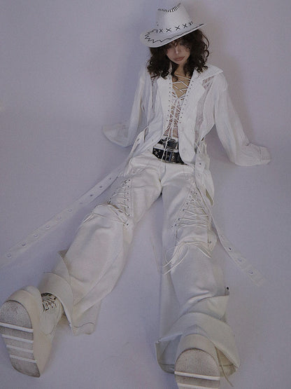 Lace-up Collar Wasteland Punk White Shirt with Waist Belt