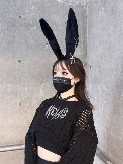 Punk Skeleton Hand and Chain Decorated Black Plush Rabbit Ears KC