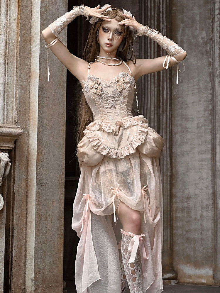 Champagne Boned Lace-up Floral Corset+Chiffon High-low Skirt Goth Set