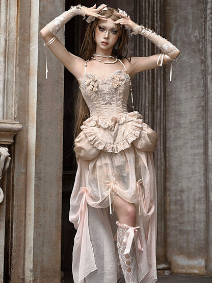 Champagne Boned Lace-up Floral Corset+Chiffon High-low Skirt Goth Set
