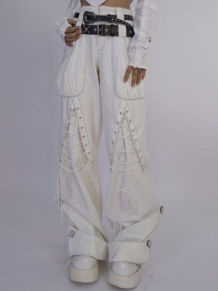 Lace-up Details White Denim Pants Double Waistband (Waistbelts Not Included)