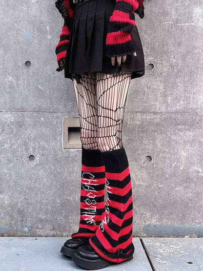 Punk Red/ Black Striped Pattern Leg Warmers