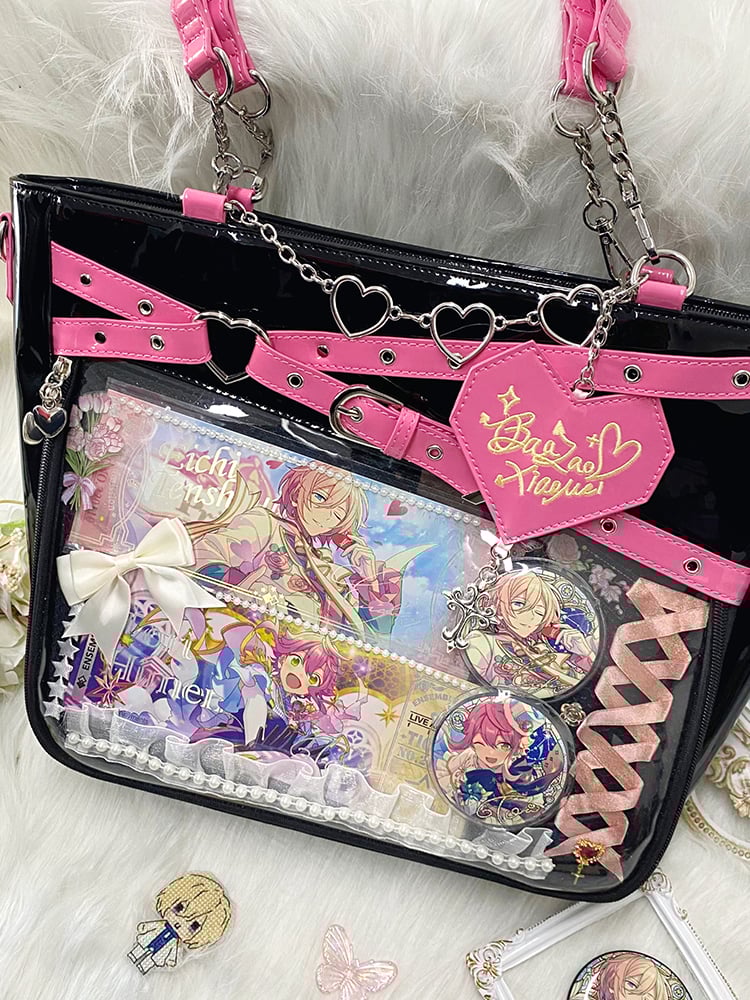 Buckle Strap Design Black and Pink Ita Bag Heart Chain Decorative