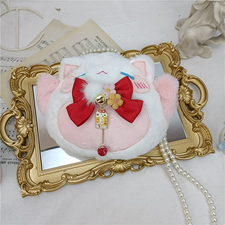 Red / Light Blue Bowknot Details Plush Lucky Cat Tote Bag