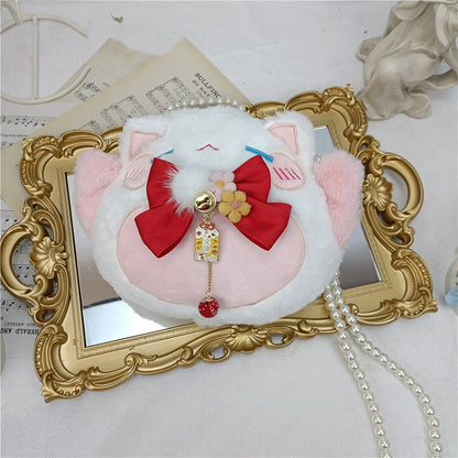 Red / Light Blue Bowknot Details Plush Lucky Cat Tote Bag