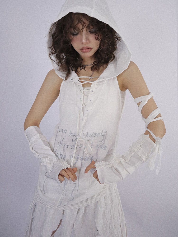 Dune Inspired White Hooded Long Vest Drawstring Hem