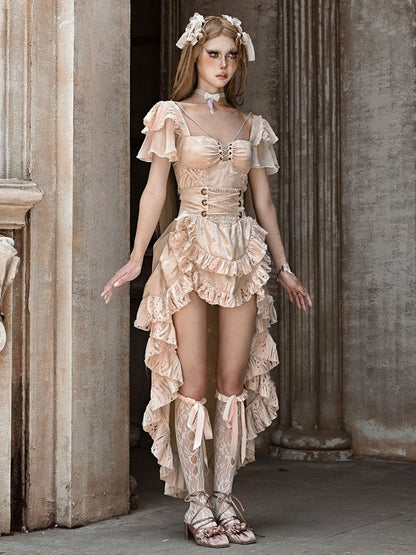 Champagne High Waist Ruffles Train High-low Skirt with Floral Pattern