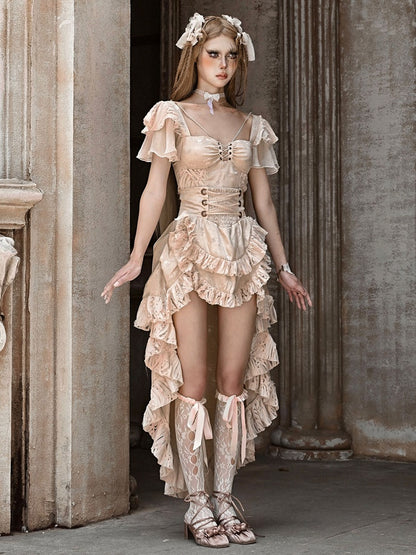 Champagne High Waist Ruffles Train High-low Skirt with Floral Pattern