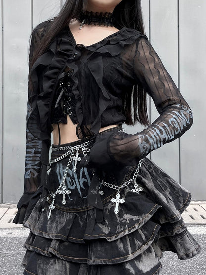 Black Semi-sheer Chiffon Ruffles Crop Top Music Festival Outfits