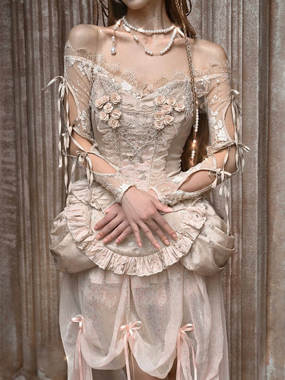 Champagne Crochet Floral Design Lace Crop Top Cutout Sleeves