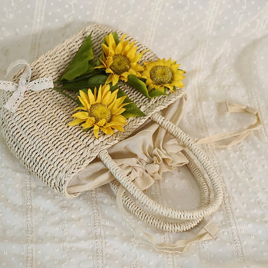 Sunflower Design Floral Straw Tote Bag