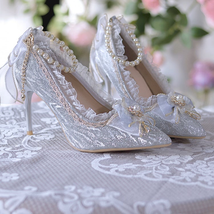 Beads Decorated Lace Trim Glittering Silver Grey 6CM/8CM High Heels