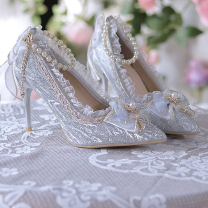 Beads Decorated Lace Trim Glittering Silver Grey 6CM/8CM High Heels
