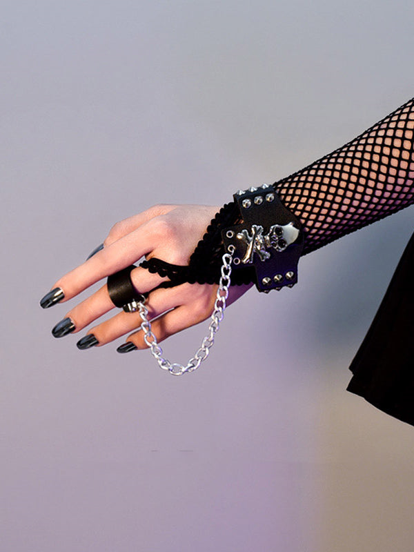 Skeleton and Studs Design Black/White Bracelet with Ring