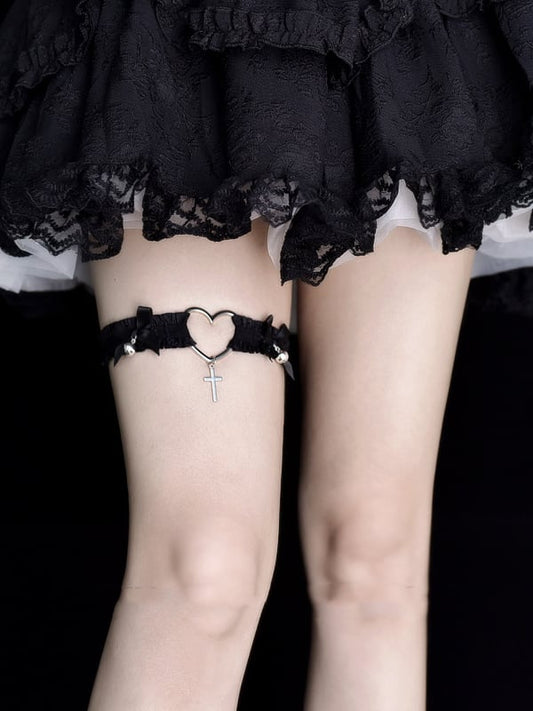 Bowknot and Bell Details Black / White Garter