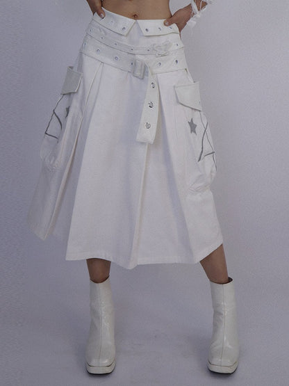 White Box Pleat Long Skirt Star Embroidery Pockets