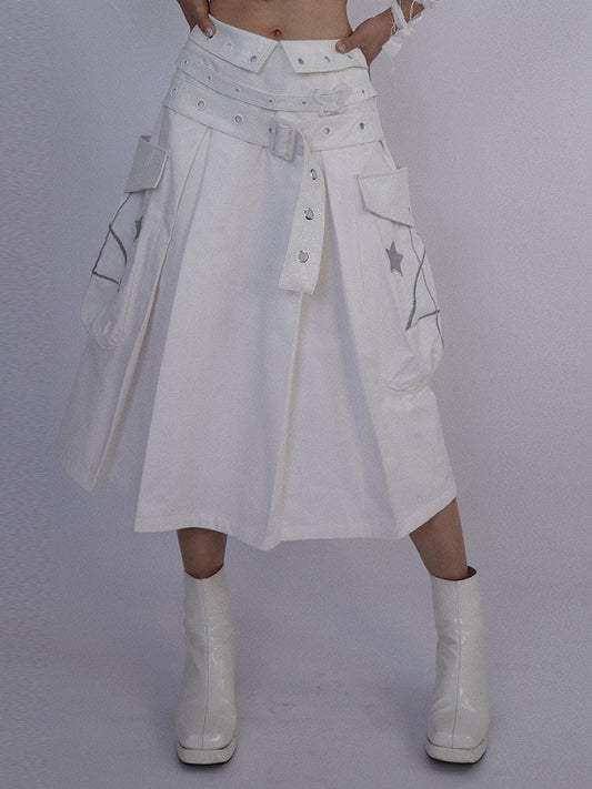 White Box Pleat Long Skirt Star Embroidery Pockets