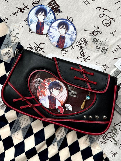 Heart Window Black and Red Qi/Han Style Ita Shoulder Bag Knot Buttons Design