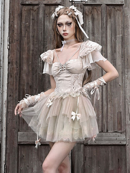 Champagne Lace Hem Lace-up Detail Boned Top Tiered Flutter Sleeves