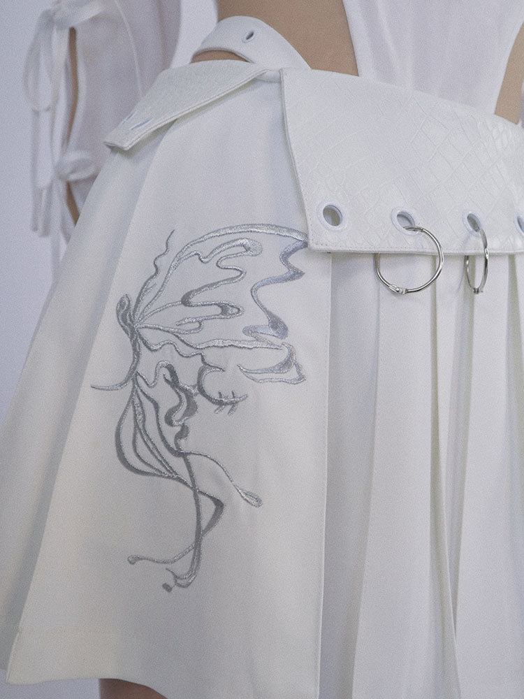 Butterfly Embroidery White Pleated Skirt