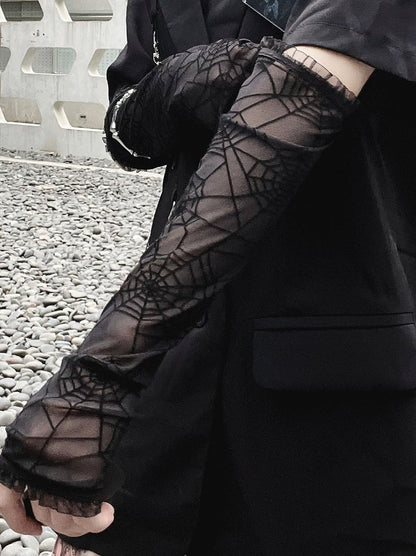 Punk Spider Web Design Black Long Half Finger Gloves