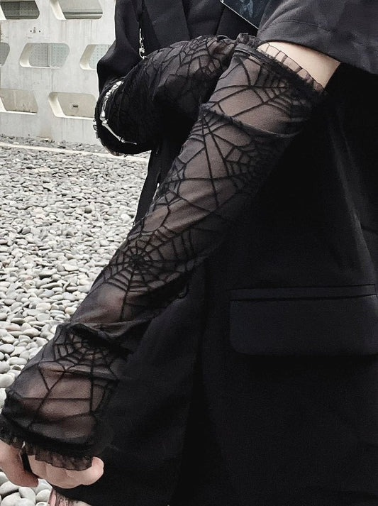 Punk Spider Web Design Black Long Half Finger Gloves
