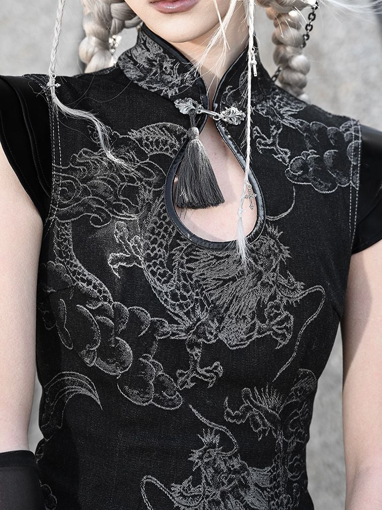 Clearance-Size S for Bust 82CM Black Dragon Pattern Qipao Dress Summer Festival Punk Dress