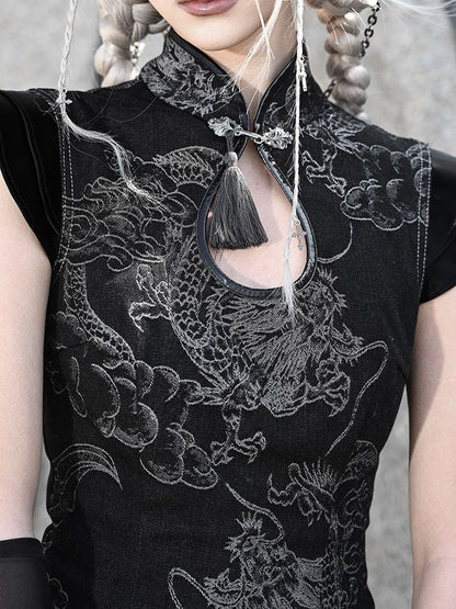 Clearance-Size S for Bust 82CM Black Dragon Pattern Qipao Dress Summer Festival Punk Dress