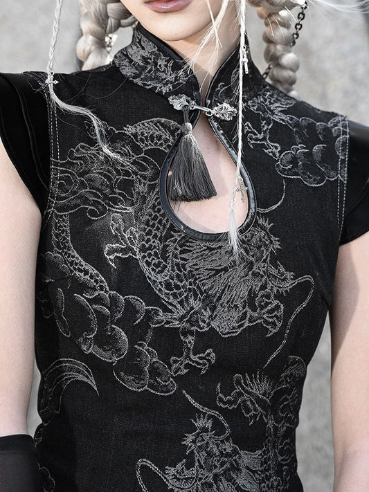 Clearance-Size S for Bust 82CM Black Dragon Pattern Qipao Dress Summer Festival Punk Dress