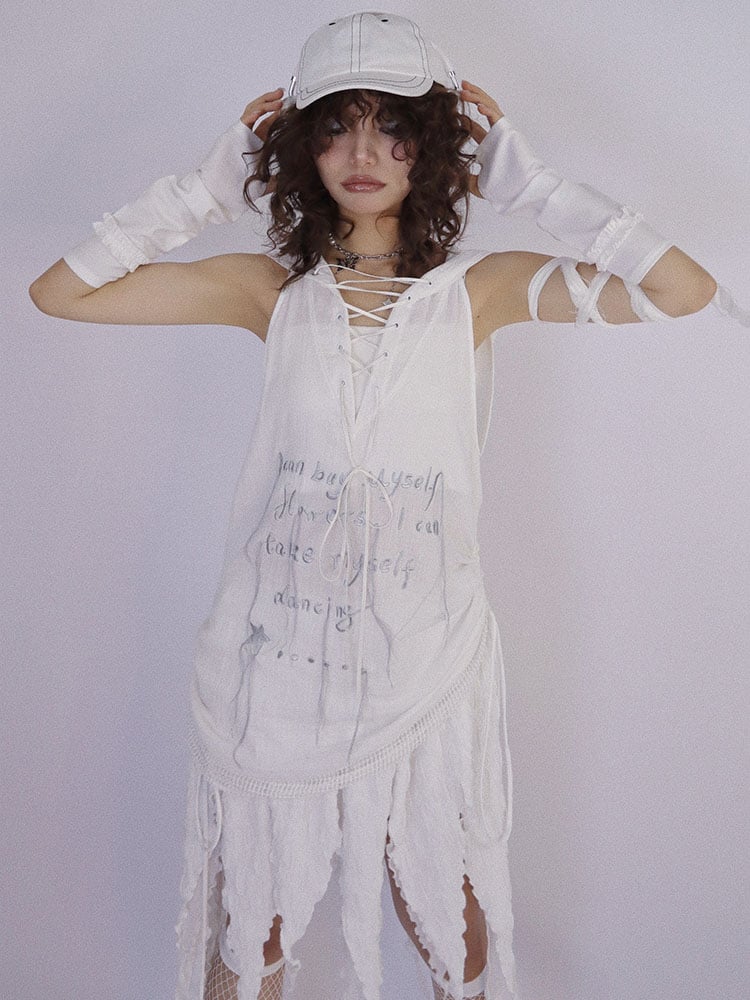 Dune Inspired White Hooded Long Vest Drawstring Hem