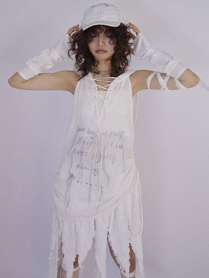 Dune Inspired White Hooded Long Vest Drawstring Hem