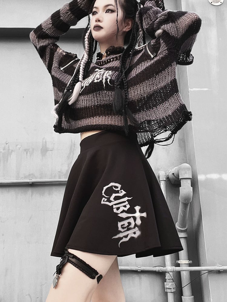 Punk Dark Gray Zip Design Striped Pattern Sweater