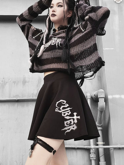 Punk Dark Gray Zip Design Striped Pattern Sweater