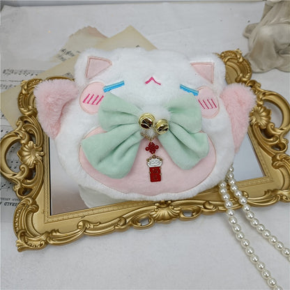 Red / Light Blue Bowknot Details Plush Lucky Cat Tote Bag