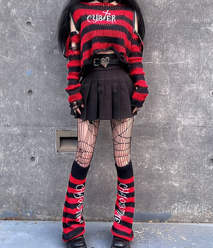 Punk Red/ Black Striped Pattern Leg Warmers