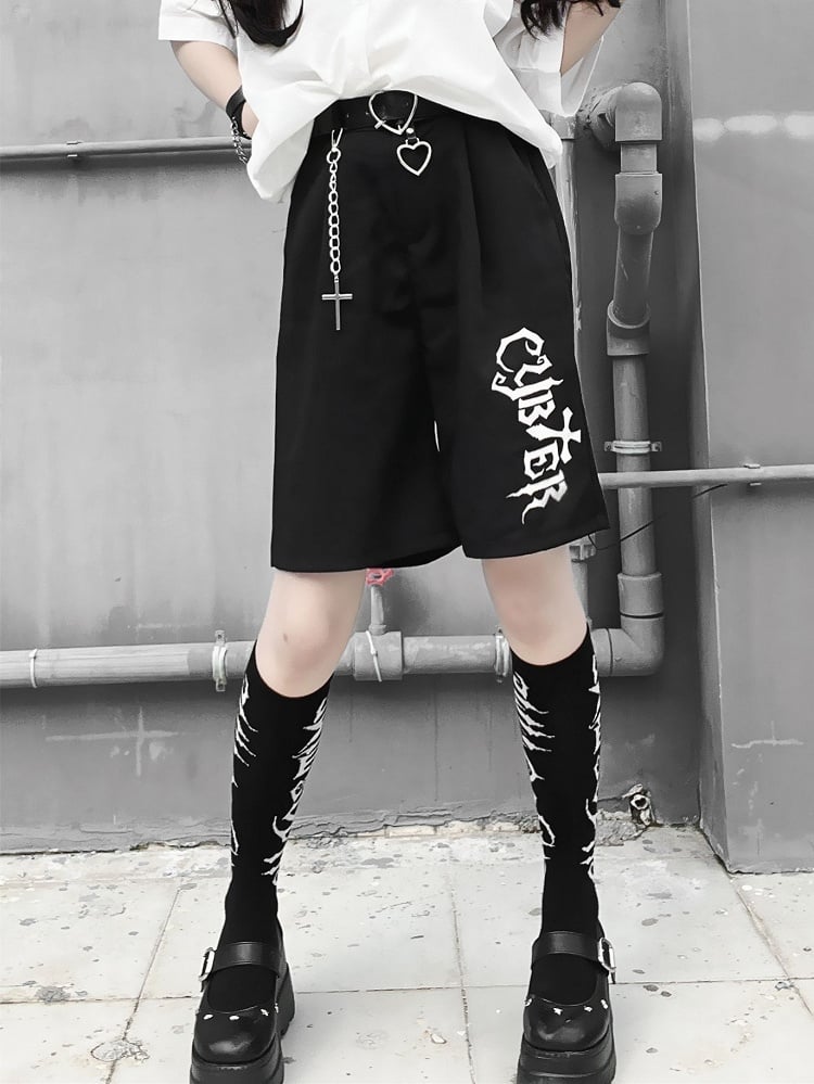 Letters Ink-jet Design Black High Waist Shorts