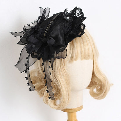 Black Vintage Bowknots Lace Trim Beaded Mini Hat