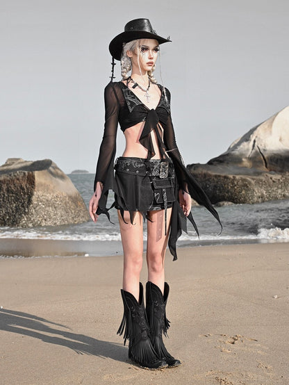 Black Semi-sheer Tulle Cropped Top Denim Collar Coachella Outfits