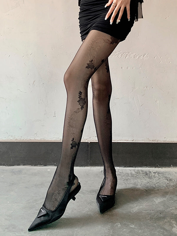 Rose Pattern Black/Milk White Tattoo Pantyhose