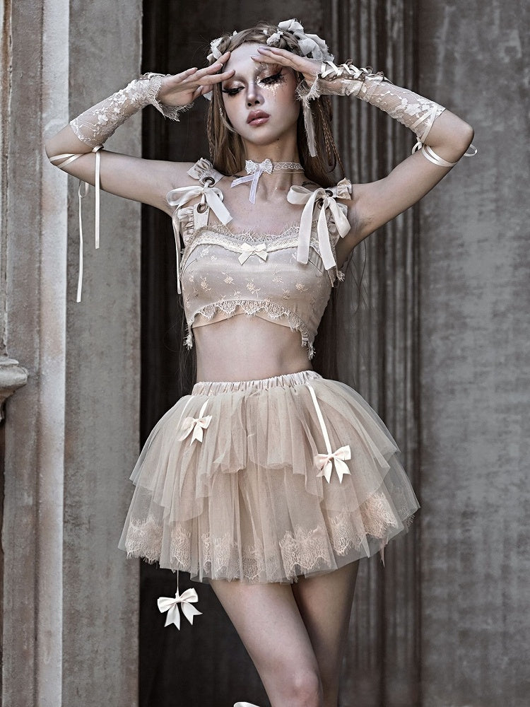 Champagne Lace Trim Bow Cropped Tank Top with Self-tie Straps