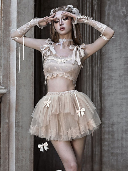 Champagne Lace Trim Bow Cropped Tank Top with Self-tie Straps