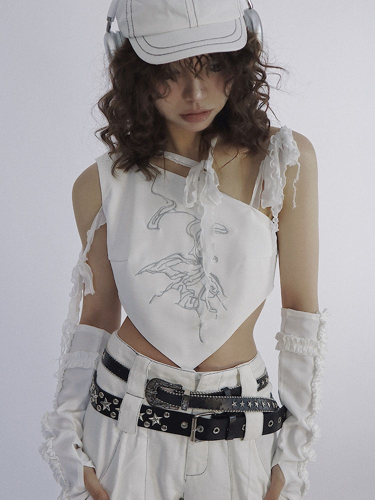 Butterfly Embroidery White Top Selt-tie Straps
