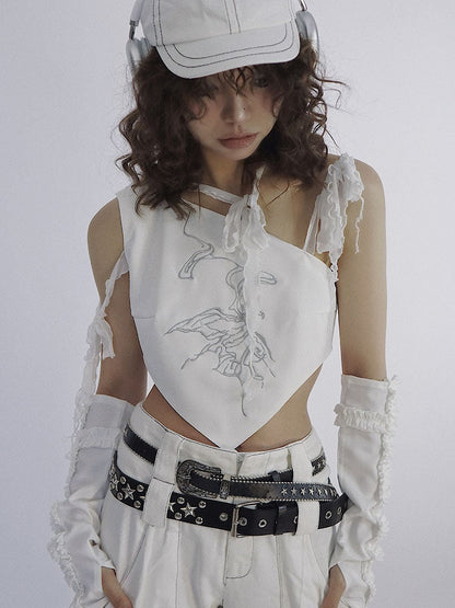 Butterfly Embroidery White Top Selt-tie Straps