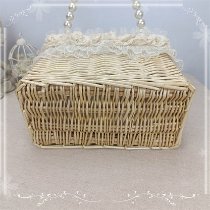 Pink/Green Bow Lace Trim Woven Basket with Beads Handle